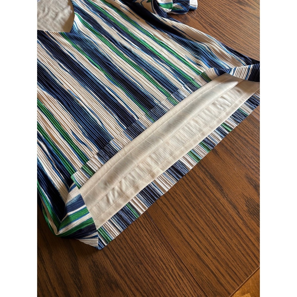 Chicos Women Blouse Pleated Size 2 Large Blue Green Striped Ruffle Sleeve V-Neck - Picture 5 of 10